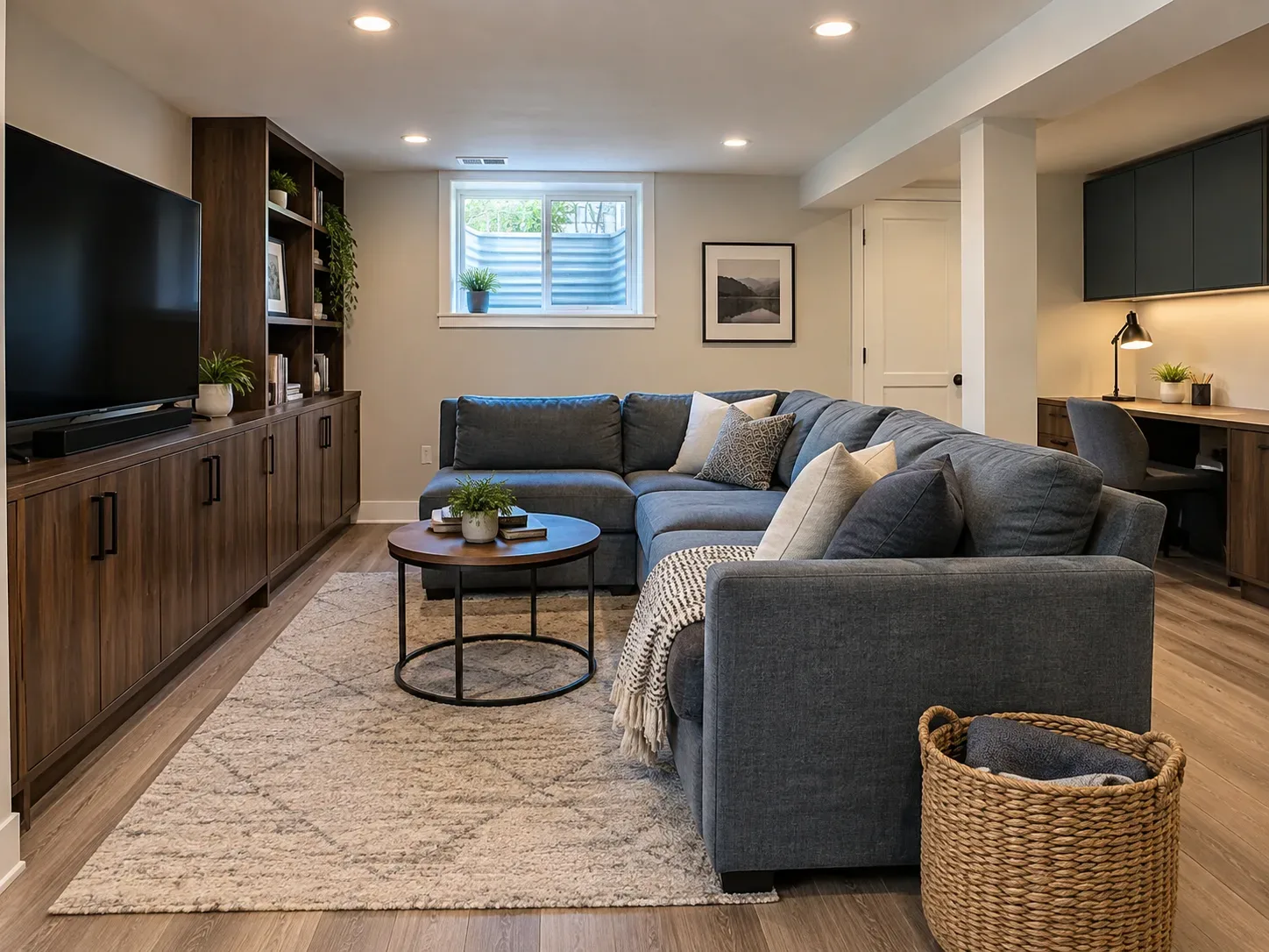Finished basement living space with a sectional sofa, a built-in media cabinet and a small window