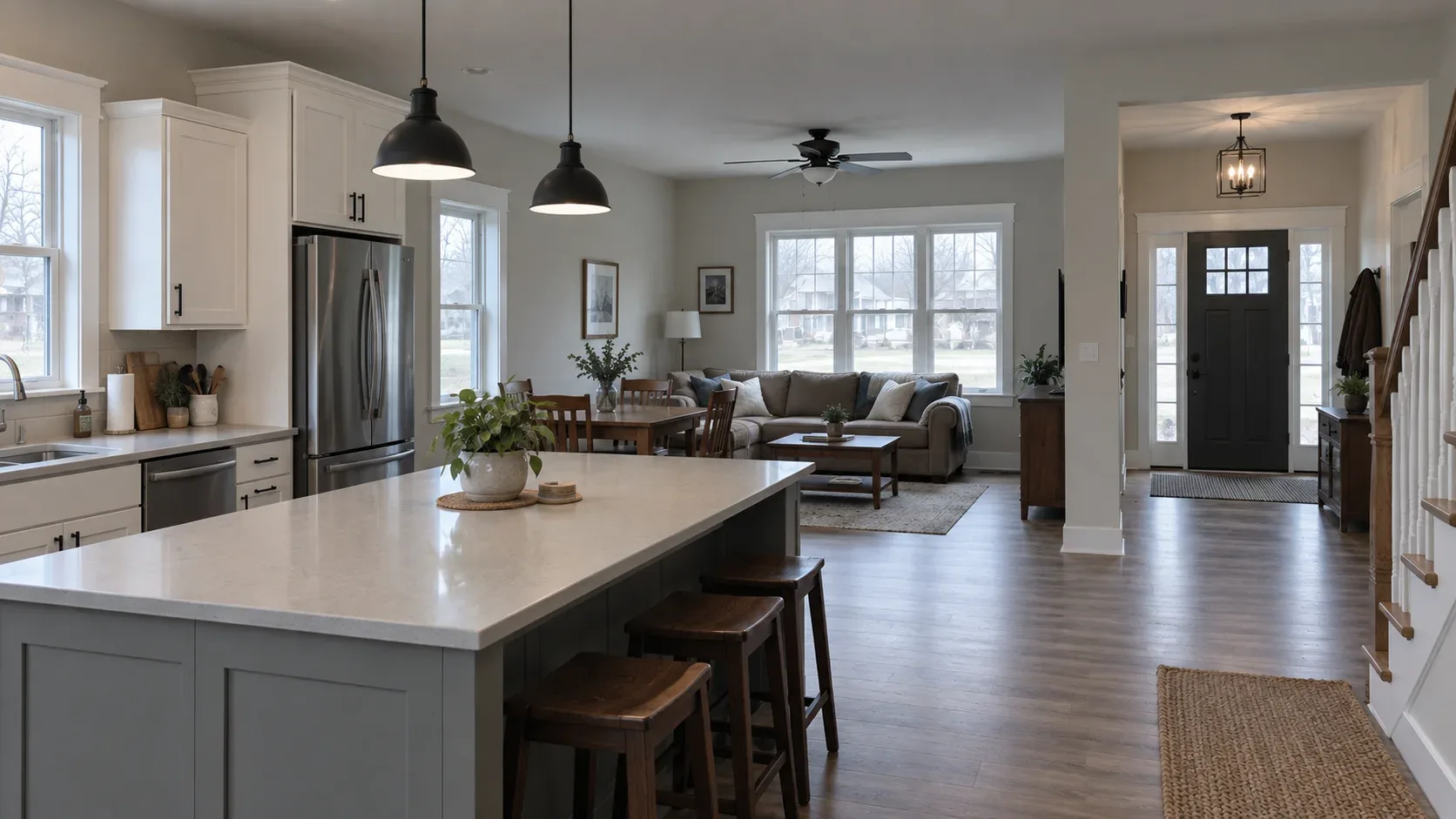 Completed open-plan home with a remodeled kitchen, living room, entryway and project drawings on the island