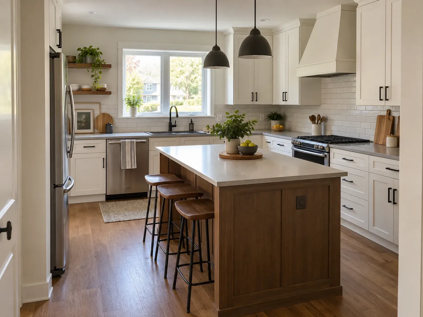 Remodeled kitchen with white cabinets, a wood-toned island with counter stools and pendant lights