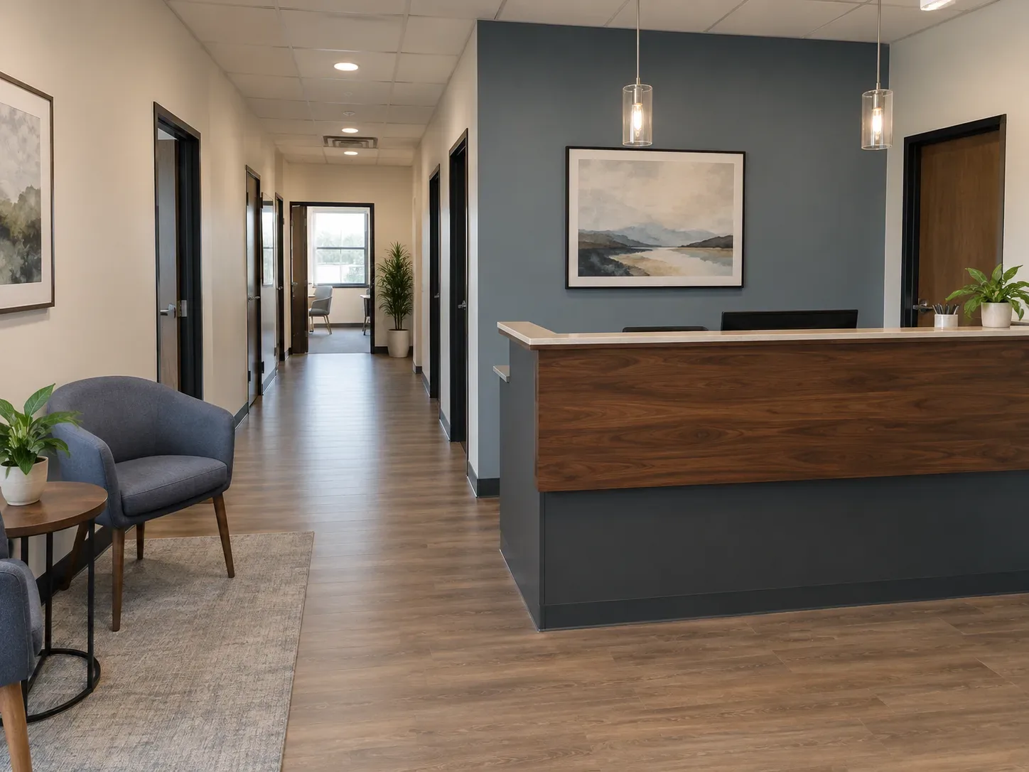 Finished commercial office interior with a reception desk and a hallway lined with doors