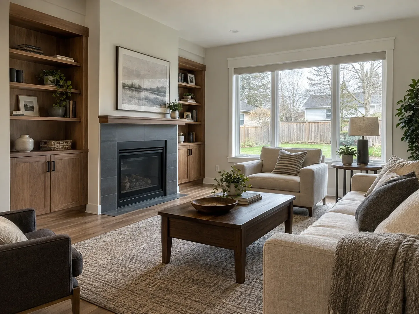 Living room with built-in shelving, a fireplace and a large window